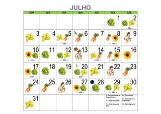 JULHO
DOM SEG TER QUA QUI SEX SÁB
1 2
← 08h→
3 4 5
← 05h→
6 7 8
← 17h→
9
10
← 11h→
11 12
← 01h→
13 14
← 03h→
15
← 23h→
16
17
← 04h→
18 19 20
← 21h→
21 22 23
24 25 26 27
← 20h→
28 29
← 13h→
30
31
2 – Dia Internacional do
Cooperativismo
15 – Dia do Pecuarista
15 – Dia da Juventude
Rural
20 – Dia do Amigo
25 – Dia do Colono e
do Motorista
28 – Dia do Agricultor
 