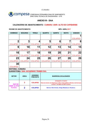 CUMARU
Página 28
COMPANHIA PERNAMBUCANA DE SANEAMENTO
DIRETORIA TÉCNICA DE ENGENHARIA – DTE
ANEXO III - SAA
REGIME DE ABASTECIMENTO:
DOMINGO SEGUNDA TERÇA QUARTA QUINTA SEXTA SÁBADO
1
COLAPSO
2 3 4 5 6 7 8
COLAPSO COLAPSO COLAPSO COLAPSO COLAPSO COLAPSO COLAPSO
9 10 11 12 13 14 15
COLAPSO COLAPSO COLAPSO COLAPSO COLAPSO COLAPSO COLAPSO
16 17 18 19 20 21 22
COLAPSO COLAPSO COLAPSO COLAPSO COLAPSO COLAPSO COLAPSO
23 24 25 26 27 28 29
COLAPSO COLAPSO COLAPSO COLAPSO COLAPSO COLAPSO COLAPSO
30
COLAPSO
SISTEMA: CUMARU
SETOR ÁREA BAIRROS/LOCALIDADES
1 COLAPSO
Jenipapeiro, Cruzeiro
2 COLAPSO Bairros: Sítio Arreias, Antigo Matadouro, Paudarco.
CALENDÁRIO DE ABASTECIMENTO - CUMARU -GNR- ALTO DO CAPIBARIBE
MÊS: ABRIL/2017
SUBSISTEMA: SAA JUCAZINHO TRAMO SUL
HORÁRIO
PREVISTO
1
RAP DE
500M³ da ETA
Cumaru
Parte do Centro do Sindicato na Rua João de Moura Borba e da farmacia
na Rua 1º de Maio ao RAP Cumaru
 
