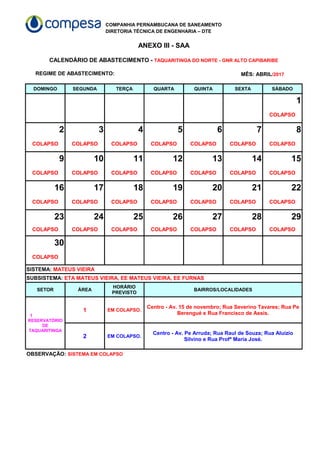 COMPANHIA PERNAMBUCANA DE SANEAMENTO
DIRETORIA TÉCNICA DE ENGENHARIA – DTE
ANEXO III - SAA
REGIME DE ABASTECIMENTO:
DOMINGO SEGUNDA TERÇA QUARTA QUINTA SEXTA SÁBADO
1
COLAPSO
2 3 4 5 6 7 8
COLAPSO COLAPSO COLAPSO COLAPSO COLAPSO COLAPSO COLAPSO
9 10 11 12 13 14 15
COLAPSO COLAPSO COLAPSO COLAPSO COLAPSO COLAPSO COLAPSO
16 17 18 19 20 21 22
COLAPSO COLAPSO COLAPSO COLAPSO COLAPSO COLAPSO COLAPSO
23 24 25 26 27 28 29
COLAPSO COLAPSO COLAPSO COLAPSO COLAPSO COLAPSO COLAPSO
30
COLAPSO
SETOR ÁREA BAIRROS/LOCALIDADES
1 EM COLAPSO.
2 EM COLAPSO.
CALENDÁRIO DE ABASTECIMENTO - TAQUARITINGA DO NORTE - GNR ALTO CAPIBARIBE
MÊS: ABRIL/2017
SISTEMA: MATEUS VIEIRA
SUBSISTEMA: ETA MATEUS VIEIRA, EE MATEUS VIEIRA, EE FURNAS
HORÁRIO
PREVISTO
1
RESERVATÓRIO
DE
TAQUARITINGA
Centro - Av. 15 de novembro; Rua Severino Tavares; Rua Pe
Berengué e Rua Francisco de Assis.
Centro - Av. Pe Arruda; Rua Raul de Souza; Rua Aluízio
Silvino e Rua Profª Maria José.
OBSERVAÇÃO: SISTEMA EM COLAPSO
 