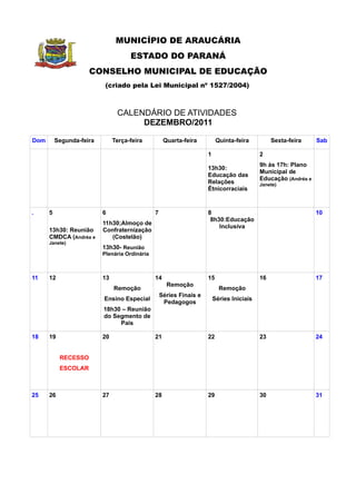 Calendário de Atividades- Dezembro 2011