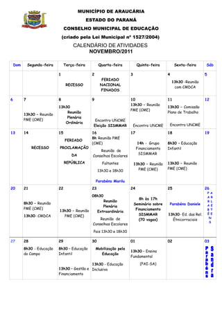 Calendário de Atividades- Novembro/2011 