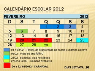 CALENDÁRIO ESCOLAR 2012
FEVEREIRO                                                    2012
 D          S        T         Q         Q          S         S
                                1         2         3          4
  5         6        7          8         9        10         11
 12        13       14         15        16        17         18
 19        20       21         22        23        24         25
 26        27       28         29
   01 a 03/02 – Planej. da organização da escola e didático coletivo
   06/02 - Início do ano letivo
   25/02 - dia letivo/ aula no sábado
   27/02 a 02/03 - Semana Avaliativa

      20 a 22/ 02/2012 - CARNAVAL               DIAS LETIVOS: 16
 