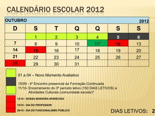 CALENDÁRIO ESCOLAR 2012
OUTUBRO                                                                  2012
  D              S               T           Q        Q            S    S
                  1              2           3         4           5     6
  7               8              9           10       11*          12   13
  14             15              16          17       18           19   20
  21             22              23          24       25           26   27
  28             29              30          31

       01 a 04 – Novo Momento Avaliativo

       15/09 - 4º Encontro presencial da Formação Continuada
       11/10- Encerramento do 3º período letivo (150 DIAS LETIVOS) e
              Atividades Culturais (comunidade escolar)*
      12/10 - NOSSA SENHORA APARECIDA

      15/10 - DIA DO PROFESSOR

      28/10 - DIA DO FUNCIONALISMO PÚBLICO
                                                                DIAS LETIVOS: 20
 