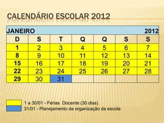 CALENDÁRIO ESCOLAR 2012
JANEIRO                                                  2012
  D     S          T         Q         Q            S    S
   1     2          3         4         5            6    7
   8     9         10        11        12           13   14
  15    16         17        18        19           20   21
  22    23         24        25        26           27   28
  29    30         31


    1 a 30/01 - Férias Docente (30 dias)
    31/01 - Planejamento da organização da escola
 