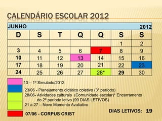 CALENDÁRIO ESCOLAR 2012
JUNHO                                                              2012
  D          S          T         Q          Q          S          S
                                                        1          2
   3         4          5         6           7         8          9
  10         11         12        13         14         15         16
  17         18         19        20         21         22         23
  24         25         26        27         28*        29         30
       13 – 1º Simulado/2012
       23/06 - Planejamento didático coletivo (3º período)
       28/06- Atividades culturais (Comunidade escolar)* Encerramento
              do 2º período letivo (99 DIAS LETIVOS)
       21 a 27 – Novo Momento Avaliativo
                                                   DIAS LETIVOS: 19
       07/06 - CORPUS CRIST
 