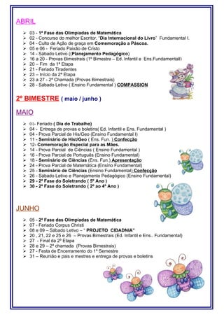 Calendário educação infantil e fundamental