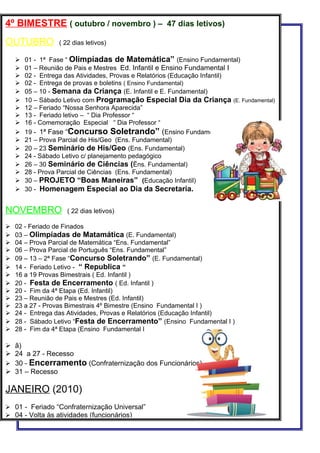 Calendário educação infantil e fundamental