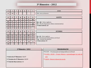 3º Bimestre – 2012

 D      S     T       Q       Q     S    S                                       JULHO

 29    *30    31                              *30 – Início do Bimestre


 D      S     T       Q       Q    S     S                                     AGOSTO
                      01      02   03    04
 05    06     07      08      09   10    11   04 e 18 – Extra regência
 12    13     14      15      16   17    18   22 – Dia do Supervisor (Data comemorativa)
 19    20     21      22      23   24    25    Dias Letivos: 23
 26    27     28      29      30   31

 D      S     T       Q       Q    S     S                                     SETEMBRO
                                         01
 02    03     04      05      06   07    08
                                              01 e 15 – Extra regência
 09    10     11      12      13   14    15
                                              07 – Proclamação Independência do Brasil
 16    17     18      19      20   21    22   *28 – Término do bimestre
 23    24     25      26      27   *28   29    Dias Letivos: 19

 30



                   3º Bimestre / 2012                                            PROGRAMAÇÃO
                                                            07/09 – Proclamação da Independência do Brasil
                                                            01/08 a 28/09 – Projeto Música e aprendizagem na sala de
 Início do 3º Bimestre: 30/07                                aula
 Término do 3º Bimestre: 28/09                             28/09 – Mostra Cultural da escola
 Total de Dias Letivos: 44
 