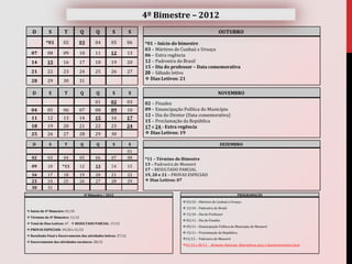 4º Bimestre – 2012
   D         S         T          Q          Q         S         S                                            OUTUBRO
            *01        02        03         04        05         06   *01 – Início do bimestre
                                                                      03 – Mártires de Cunhaú e Uruaçu
   07        08        09         10        11        12         13   06 – Extra regência
   14        15        16         17        18        19         20   12 – Padroeira do Brasil
                                                                      15 – Dia do professor – Data comemorativa
   21        22        23         24        25        26         27   20 – Sábado letivo
   28        29        30         31                                   Dias Letivos: 21

   D          S        T          Q          Q         S         S                                            NOVEMBRO
                                            01        02         03   02 – Finados
   04        05        06         07        08        09         10   09 – Emancipação Política do Município
                                                                      12 – Dia do Diretor (Data comemorativa)
   11        12        13         14        15        16         17
                                                                      15 – Proclamação da República
   18        19        20         21        22        23         24   17 e 24 - Extra regência
   25        26        27         28        29        30               Dias Letivos: 19

   D          S        T          Q          Q         S         S                                             DEZEMBRO
                                                                 01
   02        03        04         05         06       07         08   *11 – Término do Bimestre
   09        10       *11         12        13        14         15   13 – Padroeira de Mossoró
                                                                      17 – RESULTADO PARCIAL
   16        17        18         19         20       21         22   19, 20 e 21 – PROVAS ESPECIAIS
   23        24        25         26         27       28         29    Dias Letivos: 07
   30        31
                                      4º Bimestre / 2012                                                                    PROGRAMAÇÃO

                                                                                        03/10 – Mártires de Cunhaú e Uruaçu
                                                                                        12/10 – Padroeira do Brasil
 Início do 4º Bimestre: 01/10
                                                                                        15/10 – Dia do Professor
 Término do 4º Bimestre: 11/12
                                                                                        02/11 – Dia de Finados
 Total de Dias Letivos: 47  RESULTADO PARCIAL: 17/12
                                                                                        09/11 – Emancipação Política do Município de Mossoró
 PROVAS ESPECIAIS: 19/20 e 21/12
                                                                                        15/11 – Proclamação da República
 Resultado Final e Encerramento das atividades letivas: 27/12
                                                                                       13/12 – Padroeira de Mossoró
 Encerramento das atividades escolares: 28/12
                                                                                       01/10 a 30/11 - Alimento Naturais: Alternativas para o desenvolvimento local
 