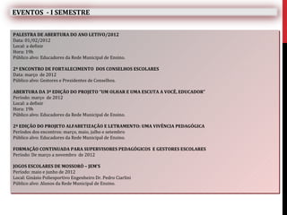 EVENTOS - I SEMESTRE

PALESTRA DE ABERTURA DO ANO LETIVO/2012
Data: 01/02/2012
Local: a definir
Hora: 19h
Público alvo: Educadores da Rede Municipal de Ensino.

2º ENCONTRO DE FORTALECIMENTO DOS CONSELHOS ESCOLARES
Data: março de 2012
Público alvo: Gestores e Presidentes de Conselhos.

ABERTURA DA 3ª EDIÇÃO DO PROJETO “UM OLHAR E UMA ESCUTA A VOCÊ, EDUCADOR”
Período: março de 2012
Local: a definir
Hora: 19h
Público alvo: Educadores da Rede Municipal de Ensino.

2ª EDIÇÃO DO PROJETO ALFABETIZAÇÃO E LETRAMENTO: UMA VIVÊNCIA PEDAGÓGICA
Períodos dos encontros: março, maio, julho e setembro
Público alvo: Educadores da Rede Municipal de Ensino.

FORMAÇÃO CONTINUADA PARA SUPERVISORES PEDAGÓGICOS E GESTORES ESCOLARES
Período: De março a novembro de 2012

JOGOS ESCOLARES DE MOSSORÓ – JEM’S
Período: maio e junho de 2012
Local: Ginásio Poliesportivo Engenheiro Dr. Pedro Ciarlini
Público alvo: Alunos da Rede Municipal de Ensino.
 