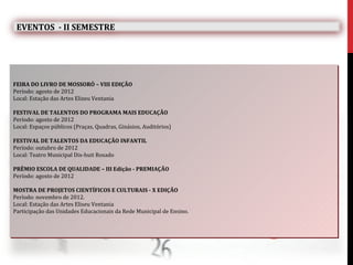 EVENTOS - II SEMESTRE




FEIRA DO LIVRO DE MOSSORÓ – VIII EDIÇÃO
Período: agosto de 2012
Local: Estação das Artes Elizeu Ventania

FESTIVAL DE TALENTOS DO PROGRAMA MAIS EDUCAÇÃO
Período: agosto de 2012
Local: Espaços públicos (Praças, Quadras, Ginásios, Auditórios)

FESTIVAL DE TALENTOS DA EDUCAÇÃO INFANTIL
Período: outubro de 2012
Local: Teatro Municipal Dix-huit Rosado

PRÊMIO ESCOLA DE QUALIDADE – III Edição - PREMIAÇÃO
Período: agosto de 2012

MOSTRA DE PROJETOS CIENTÍFICOS E CULTURAIS - X EDIÇÃO
Período: novembro de 2012.
Local: Estação das Artes Eliseu Ventania
Participação das Unidades Educacionais da Rede Municipal de Ensino.
 