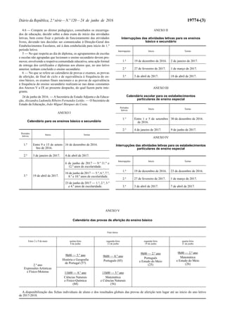 Diário da República, 2.ª série—N.º 120—24 de junho de 2016 19774-(3)
4.6 — Compete ao diretor pedagógico, consultados os encarrega-
dos de educação, decidir sobre a data exata do início das atividades
letivas, bem como fixar o período de funcionamento das atividades
livres, devendo tais decisões ser comunicadas à Direção-Geral dos
Estabelecimentos Escolares, até à data estabelecida para início do 1.º
período letivo.
5 — No que respeita ao dia do diploma, os agrupamentos de escolas
e escolas não agrupadas que lecionam o ensino secundário devem pro-
mover, envolvendo a respetiva comunidade educativa, uma ação formal
de entrega dos certificados e diplomas aos alunos que, no ano letivo
anterior, tenham concluído o ensino secundário.
6 — No que se refere ao calendário de provas e exames, as provas
de aferição, de final de ciclo e de equivalência à frequência do en-
sino básico, os exames finais nacionais e as provas de equivalência
à frequência do ensino secundário realizam-se nas datas constantes
dos Anexos V a IX ao presente despacho, do qual fazem parte inte-
grante.
24 de junho de 2016. — A Secretária de Estado Adjunta e da Educa-
ção, Alexandra Ludomila Ribeiro Fernandes Leitão. — O Secretário de
Estado da Educação, João Miguel Marques da Costa.
ANEXO I
Calendário para os ensinos básico e secundário
Períodos
letivos
Início Termo
1.º Entre 9 e 15 de setem-
bro de 2016.
16 de dezembro de 2016.
2.º 3 de janeiro de 2017. 4 de abril de 2017.
3.º 19 de abril de 2017.
6 de junho de 2017 — 9.º 11.º e
12.º anos de escolaridade.
16 de junho de 2017 — 5.º, 6.º, 7.º,
8.º e 10.º anos de escolaridade.
23 de junho de 2017 — 1.º, 2.º, 3.º
e 4.º anos de escolaridade.
ANEXO II
Interrupções das atividades letivas para os ensinos
básico e secundário
Interrupções Início Termo
1.ª 19 de dezembro de 2016. 2 de janeiro de 2017.
2.ª 27 de fevereiro de 2017. 1 de março de 2017.
3.ª 5 de abril de 2017. 18 de abril de 2017.
ANEXO III
Calendário escolar para os estabelecimentos
particulares de ensino especial
Períodos
letivos
Início Termo
1.º Entre 1 e 5 de setembro
de 2016.
30 de dezembro de 2016.
2.º 4 de janeiro de 2017. 9 de junho de 2017.
ANEXO IV
Interrupções das atividades letivas para os estabelecimentos
particulares de ensino especial
Interrupções Início Termo
1.ª 19 de dezembro de 2016. 23 de dezembro de 2016.
2.ª 27 de fevereiro de 2017. 1 de março de 2017.
3.ª 3 de abril de 2017. 7 de abril de 2017.
ANEXO V
Calendário das provas de aferição do ensino básico
Fase única
Entre 2 e 9 de maio quinta-feira
8 de junho
segunda-feira
12 de junho
segunda-feira
19 de junho
quarta-feira
21 de junho
2.º ano
Expressões Artísticas
e Físico-Motoras
9h00 — 5.º ano
História e Geografia
de Portugal (57)
9h00 — 8.º ano
Português (85)
9h00 — 2.º ano
Português
e Estudo do Meio
(25)
9h00 — 2.º ano
Matemática
e Estudo do Meio
(26)
11h00 — 8.º ano
Ciências Naturais
e Físico-Química
(88)
11h00 — 5.º ano
Matemática
e Ciências Naturais
(56)
A disponibilização das fichas individuais de aluno e dos resultados globais das provas de aferição tem lugar até ao início do ano letivo
de 2017-2018.
 