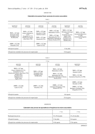 Diário da República, 2.ª série—N.º 120—24 de junho de 2016 19774-(5)
1.ª Fase
segunda-feira
19 de junho
quarta-feira
21 de junho
quinta-feira
22 de junho
sexta-feira
23 de junho
segunda-feira
26 de junho
terça-feira
27 de junho
9h30 — 12.º ano
Português (639)
Português (239)
PLNM (839)
9h30 — 11.º ano
Física e Química A
(715)
Geografia A (719)
História da Cultura
e das Artes (724)
9h30 — 12.º ano
Desenho A (706)
História A (623)
9h30 — 11.º ano
História B (723)
9h30 — 12.º ano
Matemática A (635)
9h30 — 11.º ano
Matemática B (735)
Matemática Aplicada às
Ciências Sociais (835)
9h30 — 11.º ano
Biologia e Geologia
(702)
Economia A (712)
Inglês (550)
Francês (517)
Espanhol (547)
Alemão (501)
9h30 — 11.º ano
Geometria Descritiva
A (708)
Literatura Portuguesa
(734)
14h00 — 11.º ano
Filosofia (714)
14h00 — 11.º ano
Latim A (732)
Afixação de pautas. . . . . . . . . . . . . . . . . . . . . . . . . . . . . . . . . . . . . . . . . . 13 de julho
Afixação dos resultados dos processos de reapreciação . . . . . . . . . . . . . 14 de agosto
Quadro 2
2.ª Fase
quarta-feira
19 de julho
quinta-feira
20 de julho
sexta-feira
21 de julho
segunda-feira
24 de julho
9h30 — 11.º ano
Física e Química A (715)
Economia A (712)
História da Cultura e das Artes (724)
Alemão (501)
Espanhol (547)
Francês (517)
Inglês (550)
9h30 — 12.º ano
Português (639)
Português (239)
PLNM (839)
9h30 — 12.º ano
Matemática A (635)
9h30 — 11.º ano
Matemática B (735)
Matemática Aplicada às Ciências
Sociais (835)
9h30 — 12.º ano
História A (623)
9h30 — 11.º ano
Geometria Descritiva A (708)
14h00 — 11.º ano
Latim A (732)
14h00 — 11.º ano
Filosofia (714)
14h00 — 11.º ano
Literatura Portuguesa (734)
História B (723)
14h00 — 12.º ano
Desenho A (706)
14h00 — 11.º ano
Biologia e Geologia (702)
Geografia A (719)
Afixação de pautas. . . . . . . . . . . . . . . . . . . . . . . . . . . . . . . . . . . . . . . . . 4 de agosto
Afixação dos resultados dos processos de reapreciação . . . . . . . . . . . . 25 de agosto
ANEXO IX
Calendário das provas de equivalência à frequência do ensino secundário
1.ª Fase 2.ª Fase
Realização das provas . . . . . . . . . . . . . . . . . . . . . . . . . . . . . . . . . . . . . . . . . . . . . . 19 a 30 de junho 19 a 26 de julho
Afixação de pautas. . . . . . . . . . . . . . . . . . . . . . . . . . . . . . . . . . . . . . . . . . . . . . . . . 13 de julho 4 de agosto
Afixação dos resultados dos processos de reapreciação . . . . . . . . . . . . . . . . . . . . 14 de agosto 25 de agosto
209686527
ANEXO VIII
Calendário de exames finais nacionais do ensino secundário
Quadro 1
 