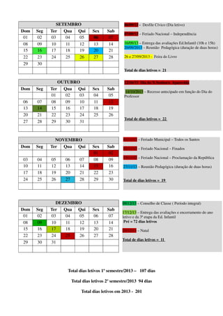 SETEMBRO                            06/09/13 - Desfile Cívico (Dia letivo)
Dom   Seg   Ter Qua Qui          Sex     Sab
                                                  07/09/13 – Feriado Nacional – Independência
 01   02    03   04   05         06       07
 08   09    10   11   12         13       14      16/09/13 – Entrega das avaliações Ed.Infantil (10h e 15h)
                                                  20/09/2013 – Reunião Pedagógica (duração de duas horas)
 15   16    17   18   19         20       21
 22   23    24   25   26         27       28      26 e 27/09/2013 - Feira do Livro
 29   30
                                                  Total de dias letivos = 21


               OUTUBRO                            12/10/13 Dia da N.Senhora Aparecida
Dom   Seg   Ter Qua Qui          Sex     Sab
                                                  14/10/2013 – Recesso antecipado em função do Dia do
            01    02  03         04       05      Professor
06    07    08    09  10         11       12
13    14    15    16  17         18       19
20    21    22    23  24         25       26
                                                  Total de dias letivos = 22
27    28    29    30  31



              NOVEMBRO                           01/11/13 – Feriado Municipal – Todos os Santos
Dom   Seg   Ter Qua Qui          Sex     Sab     02/11/13 – Feriado Nacional – Finados
                                 01       02
                                                 15/11/13 – Feriado Nacional – Proclamação da República
03    04    05   06       07     08       09
10    11    12   13       14     15       16     27/11/13 – Reunião Pedagógica (duração de duas horas)
17    18    19   20       21     22       23
24    25    26   27       28     29       30     Total de dias letivos = 19




              DEZEMBRO                           09/12/13 – Conselho de Classe ( Período integral)
Dom   Seg   Ter Qua Qui          Sex     Sab
                                                 17/12/13 – Entrega das avaliações e encerramento do ano
 01   02    03   04  05          06       07     letivo e da 3ª etapa da Ed. Infantil
 08   09    10   11  12          13       14      Pré = 72 dias letivos
 15   16    17   18  19          20       21     25/12/13 – Natal
 22   23    24   25  26          27       28
                                                 Total de dias letivos = 11
 29   30    31




                  Total dias letivos 1º semestre/2013 – 107 dias

                      Total dias letivos 2º semestre/2013 94 dias

                           Total dias letivos em 2013 - 201
 
