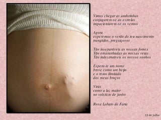 Vimos chegar as andorinhas conjugarem-se às estrelas impacientarem-se os ventos Agora esperemos o verão do teu nascimento tranqüilos, preguiçosos Tão inseparáveis as nossas fomes Tão emaranhadas as nossas veias Tão indestrutíveis os nossos sonhos Espera-te um nome breve como um beijo e o reino ilimitado dos meus braços Virás como a luz maior no solstício de junho Rosa Lobato de Faria 12 de julho 
