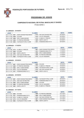 Programa de Jogos das 6 Séries da 2.ª Divisão Futsal