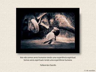11 de outubro
Nós não somos seres humanos tendo uma experiência espiritual.
Somos seres espirituais tendo uma experiência humana.
Teillard de Chardin
 
