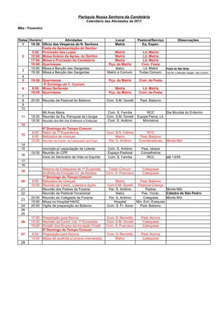 Paróquia Nossa Senhora da Candelária
                                           Calendário das Atividades de 2011

Mês : Fevereiro


Datas Horário                Atividades                      Local          Pastoral/Serviço            Observações
  1    19:30 Oficio das Vésperas de N. Senhora               Matriz           Eq. Espec.
              Festa da Apresentação do Senhor
       5:00 Procissão das Luzes                             Matriz             Lit. Matriz
  2    10:00 Missa Solene da Apres. do Senhor               Matriz             Lit. Matriz
       17:00 Missa e Procissão da Candelária                Matriz             Lit. Matriz
       19:00 Quermesse                                   Pça. da Matriz       Com. Festa
       15:00 Missa e Benção das Gargantas                    Matriz            Lit. Matriz     Festa de São Brás
  3
       19:30 Missa e Benção das Gargantas               Matriz e Comum.      Todas Comum.      Cel.Pal. e Benção Gargan. nas Comum.
  4
  5    19:00 Quermesse                                   Pça. da Matriz      Com. da Festa
               5º Domingo do T. Comum
  6    8:00 Missa Sertaneja                                 Matriz             Lit. Matriz
       19:00 Quermesse                                   Pça. da Matriz      Com. da Festa
  7
  8    20:00 Reunião da Pastoral do Batismo             Com. S.M. Goretti    Past. Batismo
  9
 10
              Mil Aves Maria                             Com. S. Família          RCC          Dia Mundial do Enfermo
 11    19:30 Reunião da Eq. Paroquial de Liturgia       Com. S.M. Goretti   Equipe Paroq. Lit.
       19:30 Reunião dos Min.dos Enfermos e Exéquias    Com. S. Antônio        Mninistros
 12
              6º Domingo do Tempo Comum
        8:00 Retiro de 1ª Experiência                   Com. N.S. Fátima          RCC
 13
        9:00 Batizados de crianças                            Matriz          Past. Batismo
       15:00 Reunião da Coord. da Catequese da Foran.    Par. S. Antônio     Coordenadores     Monte Mór
 14
 15           Inscrição p/ capacitação de Lideres       Com. S. Antônio       Past. Idosos
       19:30 Reunião do CPP                             Espaço Pastoral       Conselheiros
 16
              Inicio do Seminário de Vida no Espírito   Com. S. Família          RCC           até 13/04
 17
 18
              Retorno da Catequese de 1ª Eucaristia      Todas Comum.          Catequese
 19
              Acolhida da Iniciação Cr. de Adultos      Com. S. Francisco      Catequese
              7º Domingo do Tempo Comum
 20     9:00 Batizados de crianças                            Matriz        Past. Batismo
       16:00 Reunião de Coord., Lideres e Apôio         Com.S.M. Goretti   Pastoral Criança
 21           Reunião dos Padres da Forania              Par. S. Antônio        Padres        Monte Mór
 22           Reunião da Pastoral Vocacional                  Matriz         Pas. Vocac.      Cátedra de São Pedro
       20:00 Reunião da Colegiada da Forania             Par. S. Antônio       Colegiada      Monte Mór
 23
       15:00 Missa no Hospital HAOC                         Hospital      Min. Enf./ Exéquias
 24    20:00 Vigilia de preparação ao Batismo           Com. S. Fr. Assis   Past. Batismo
 26
 25
       17:00 Preparação para Noivos                     Com. S. Benedito      Past. Noivos
 26    14:30 Reunião da Coord. Cat. 1ª Eucaristia       Com. S.M. Goretti      Catequese
       19:20 Divisão dos Grupos da Iniciação Cristã     Com. S. Francisco      Catequese
              8º Domingo do Tempo Comum
 27     8:00 Preparação para Noivos                     Com. S. Benedito      Past. Noivos
       10:00 Missa de acolhida p/ jovens crismandos          Matriz            Catequese
 28
 
