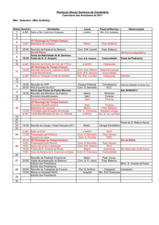 Paróquia Nossa Senhora da Candelária
                                              Calendário das Atividades de 2011

Mês : Setembro (Mês da Bíblia)


Datas Horário                   Atividades                       Local          Pastoral/Serviço               Observações
  1    a def. Retiro p/ Min. Enfermos e Exéquias                 a definir       Min. Enf./ Exéquias
  2
  3
              23º Domingo do Tempo Comum
  4
        9:00 Batizados de crianças                               Matriz           Past. Batismo
  5
  6    20:00 Reunião da Pastoral do Batismo                 Com. S.M. Goretti     Past. Batismo
  7           Dia da Pátria                                                                            189 Anos da Independência
              Festa da Natividade de N. Senhora
  8
       19:30 Festa de N. S. Amparo                          Com. N.S. Amparo      Comunidade           Festa da Padroeira
  9
 10    a def. Reunião da Coord. de Cat. de 1ª Euc.              a definir           Catequese
              24º Domingo do Tempo Comum
       16:00 Reunião de Coord., Lideres e Apôio             Com. N.S. Fátima     Pastoral Criança
 11
              Tarde Beneficiente                            Com. N.S. Amparo      Comunidade
       a def. Retiro p/ Iniciação Cristã de Adultos         Par. N.S. Lourdes      Catequese      Helvétia
 12
 13
       19:30 Reunião do CPP                                 Espaço Pastoral        Conselheiros        Festa da Exaltação da Santa Cruz
 14
       20:00 Pós Encontro do ECC                            Com. S. Benedito          ECC
              Inicio das Férias do Padre Marcelo                                                       Até 30/09/2011
 15
       19:30 Reunião dos Ministros da Palavra                    Matriz              Ministros
 16           Encontro Arquidiocesano                            Itaici              Forania
 17           Encontro Arquidiocesano                            Itaici              Forania
              25º Domingo do Tempo Comum
              Encontro Arquidiocesano                              Itaici           Forania
 18           Batizados de crianças                               Matriz        Past. Batismo
       13:30 Formação para Equipes de Liturgia              Par. S. Teresinha  Equipes Liturgia
       a def. Tarde Beneficiente da Soc. S. Vicente              a definir    Soc. S. Vic. de Paulo
 19
 20
 21                                                                                                    Festa de S. Mateus Apost.
 22    19:30 Reunião da Liturgia - Festa Padroeira 2011          Matriz         Liturgia Candelária
 23
       a def. Baile do ECC                                     a definir              ECC
 24    17:00 Preparação para Noivos                         Com. S. Benedito       Past. Noivos
                Barzinho de Jesus                           Com. S. Família           RCC
        20:30   26º Domingo do Tempo Comum                                                             Dia da Bíblia
         8:00   Preparação para Noivos                      Com. S. Benedito       Past. Noivos
 25      8:00   Retiro de Cura e Libertação                 Com. N.S. Fátima           RCC
        18:30   Triduo de S. Vicente de Paulo                    Matriz             Vicentinos         Na missa das 18:30 horas
         9:00   Inicio da Novena de S. Francisco de Assis   Com. S. Francisco      Comunidade
 26
              Reunião da Pastoral Vocacional                     Matriz           Past. Vocac.
 27     20:00 Vigilia de preparação ao Batismo              Com. S. Fr. Assis     Past. Batismo
              Estudo dos Presbíteros                                                                   Mem. S. Vicente de Paulo
              Estudo dos Presbíteros
 28     20:00 Reunião da Colegiada da Forania                Par. S. Antônio         Colegiada      Indaiatuba
        15:00 Missa no Hospital HAOC                            Hospital        Min. Enf./ Exéquias
              Estudo dos Presbíteros
 29
 30
 