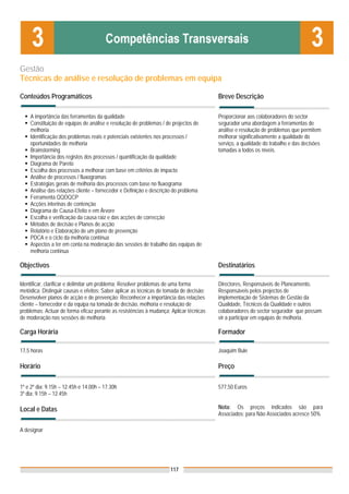 Gestão
Técnicas de análise e resolução de problemas em equipa

Conteúdos Programáticos                                                                  Breve Descrição

    A importância das ferramentas da qualidade                                           Proporcionar aos colaboradores do sector
    Constituição de equipas de análise e resolução de problemas / de projectos de        segurador uma abordagem a ferramentas de
    melhoria                                                                             análise e resolução de problemas que permitem
    Identificação dos problemas reais e potenciais existentes nos processos /            melhorar significativamente a qualidade do
    oportunidades de melhoria                                                            serviço, a qualidade do trabalho e das decisões
    Brainstorming                                                                        tomadas a todos os níveis.
    Importância dos registos dos processos / quantificação da qualidade
    Diagrama de Pareto
    Escolha dos processos a melhorar com base em critérios de impacto
    Análise de processos / fluxogramas
    Estratégias gerais de melhoria dos processos com base no fluxograma
    Análise das relações cliente – fornecedor e Definição e descrição do problema
    Ferramenta QQOQCP
    Acções interinas de contenção
    Diagrama de Causa-Efeito e em Árvore
    Escolha e verificação da causa raiz e das acções de correcção
    Métodos de decisão e Planos de acção
    Relatório e Elaboração de um plano de prevenção
    PDCA e o ciclo da melhoria contínua
    Aspectos a ter em conta na moderação das sessões de trabalho das equipas de
    melhoria contínua

Objectivos                                                                               Destinatários

Identificar, clarificar e delimitar um problema; Resolver problemas de uma forma         Directores, Responsáveis de Planeamento,
metódica; Distinguir causas e efeitos; Saber aplicar as técnicas de tomada de decisão;   Responsáveis pelos projectos de
Desenvolver planos de acção e de prevenção; Reconhecer a importância das relações        implementação de Sistemas de Gestão da
cliente – fornecedor e da equipa na tomada de decisão, melhoria e resolução de           Qualidade, Técnicos da Qualidade e outros
problemas; Actuar de forma eficaz perante as resistências à mudança; Aplicar técnicas    colaboradores do sector segurador que possam
de moderação nas sessões de melhoria                                                     vir a participar em equipas de melhoria.

Carga Horária                                                                            Formador

17,5 horas                                                                               Joaquim Bule

Horário                                                                                  Preço

1º e 2º dia: 9.15h – 12.45h e 14.00h – 17.30h                                            577,50 Euros
3º dia: 9.15h – 12.45h

Local e Datas                                                                            Nota: Os preços indicados são para
                                                                                         Associados; para Não Associados acresce 50%

A designar




                                                                     117
 