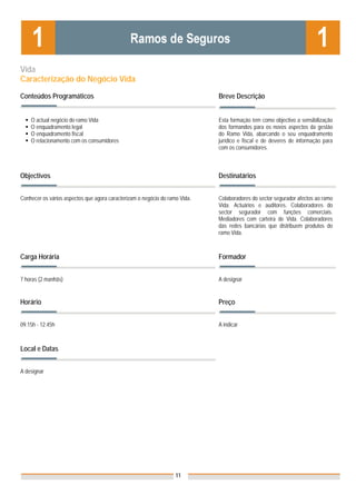 Vida
Caracterização do Negócio Vida

Conteúdos Programáticos                                                      Breve Descrição


    O actual negócio do ramo Vida                                            Esta formação tem como objectivo a sensibilização
    O enquadramento legal                                                    dos formandos para os novos aspectos da gestão
    O enquadramento fiscal                                                   do Ramo Vida, abarcando o seu enquadramento
    O relacionamento com os consumidores                                     jurídico e fiscal e de deveres de informação para
                                                                             com os consumidores.



Objectivos                                                                   Destinatários


Conhecer os vários aspectos que agora caracterizam o negócio do ramo Vida.   Colaboradores do sector segurador afectos ao ramo
                                                                             Vida. Actuários e auditores. Colaboradores do
                                                                             sector segurador com funções comerciais.
                                                                             Mediadores com carteira de Vida. Colaboradores
                                                                             das redes bancárias que distribuem produtos do
                                                                             ramo Vida.



Carga Horária                                                                Formador


7 horas (2 manhãs)                                                           A designar


Horário                                                                      Preço


09.15h - 12.45h                                                              A indicar



Local e Datas


A designar                                                                   Nota: Os preços indicados são para Associados;
                                                                             para Não Associados acresce 50%




                                                                   11
 