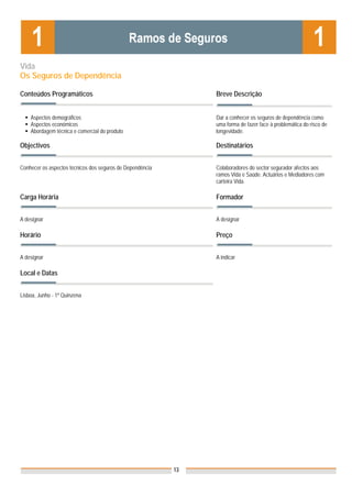 Vida
Os Seguros de Dependência

Conteúdos Programáticos                                         Breve Descrição


    Aspectos demográficos                                       Dar a conhecer os seguros de dependência como
    Aspectos económicos                                         uma forma de fazer face à problemática do risco de
    Abordagem técnica e comercial do produto                    longevidade.

Objectivos                                                      Destinatários


Conhecer os aspectos técnicos dos seguros de Dependência        Colaboradores do sector segurador afectos aos
                                                                ramos Vida e Saúde. Actuários e Mediadores com
                                                                carteira Vida.

Carga Horária                                                   Formador


A designar                                                      A designar

Horário                                                         Preço


A designar                                                      A indicar

Local e Datas


Lisboa, Junho - 1ª Quinzena
                                                                Nota: Os preços indicados são para Associados;
                                                                para Não Associados acresce 50%




                                                           13
 