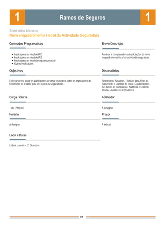 Seminários técnicos
Novo enquadramento Fiscal da Actividade Seguradora

Conteúdos Programáticos                                                             Breve Descrição


     Implicações ao nível do IRC                                                    Analisar e compreender as implicações do novo
     Implicações ao nível do IRS                                                    enquadramento fiscal da actividade seguradora.
     Implicações ao nível da segurança social
     Outras implicações

Objectivos                                                                          Destinatários


Este curso visa dotar os participantes de uma visão geral sobre as implicações do   Financeiros, Actuários, Técnicos das Áreas de
Orçamento de Estado para 2011 para as seguradoras.                                  Subscrição e Controlo de Risco. Colaboradores
                                                                                    das Áreas de Compliance. Auditoria e Controle
                                                                                    Interno. Auditores e Consultores.

Carga Horária                                                                       Formador


1 dia (7 horas)                                                                     A designar

Horário                                                                             Preço


A designar                                                                          A indicar


Local e Datas                                                                       Nota: Os preços indicados são para Associados;
                                                                                    para Não Associados acresce 50%

Lisboa, Janeiro – 2ª Quinzena




                                                                      49
 