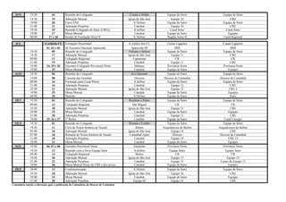 JUL A critério CL Formação Horizontal A critério dos CL Casais Ligações Casais Ligações
01, 02 e 03 III Encontro Nacional Aparecida Aparecida SP SRB SRB
19:30 09 Reunião do Colegiado Fabiane e Jaílson Equipe de Setor Equipe de Setor
19:30 17 Adoração Mensal Igreja de São José Equipe 11 CRE
09:00 11 Colegiado Regional Capanema CR CR
21:00 19 Adoração Perpétua Catedral Equipe 11 CRE
18:00 24, 25 e 26 Encontro Colegiado Provincial Norte Manaus Província Norte Província Norte
19:00 25 Missa Mensal Catedral Equipe de Setor Equipes
AGO 19:30 06 Reunião do Colegiado Jú e Geovane Equipe de Setor Equipe de Setor
14:00 08 Carreata das Famílias Diocese Diocese de Castanhal Diocese de Castanhal
08:00 16 Formação para Casal Piloto A definir Equipe de Setor Equipe de Setor
21:00 16 Adoração Perpétua Catedral Equipe 12 CRE
19:30 21 Adoração Mensal Igreja de São José Equipe 12 CRE 2
19:00 29 Missa Mensal Catedral Equipe de Setor Equipes
08:00 30 Mutirão A Definir Equipe de Setor Setor
SET 19:30 03 Reunião do Colegiado Rosilene e Pedro Equipe de Setor Equipe de Setor
09:00 12 Colegiado Regional São Miguel CR CR
19:30 18 Adoração Mensal Igreja de São José Equipe 13 CRE
19:00 19 Missa Mensal Catedral Equipe de Setor Equipes
21:00 20 Adoração Perpétua Catedral Equipe 13 CRE
18:00 25, 26 e 27 2º Retiro Cenóbio Equipe de Setor Casal Liturgia
OUT 19:30 01 Reunião do Colegiado Rosana e Evaldo Equipe de Setor Equipe de Setor
19:30 11 Círio de Nossa Senhora de Nazaré Belém Arquidiocese de Belém Arquidiocese de Belém
05:00 16 Adoração Mensal Igreja de São José Equipe 14 CRE
07:00 18 Romaria de Nossa Senhora de Nazaré Castanhal-Apeú Diocese Diocese de Castanhal
21:00 18 Adoração Perpétua Catedral Equipe 14 CRE 14
19:00 31 Missa Mensal Catedral Equipe de Setor Equipes
NOV 18:00 06, 07 e 08 Encontro Provincial Norte Santarém Província Norte Província Norte
19:30 12 Reunião com a Nova Equipe Setor A definir Equipe Setor Equipe Setor
09:00 14 Colegiado Regional Belém CR CR
19:30 20 Adoração Mensal Igreja de São José Equipe 15 Equipe 15
21:00 22 Adoração Perpétua Catedral Equipe 15 Casais da Equipe 15
19:00 28 Missa Mensal Posse do CRS e dos novos Catedral Equipe de Setor Equipes
DEZ 20:00 12 Confraternização A Definir Equipe de Setor Equipe de Setor
19:30 18 Adoração Mensal Igreja de São José Equipe 16 CRE
19:00 19 Missa Mensal Catedral Equipe de Setor Equipes
21:00 20 Adoração Perpétua Equipe 04 Equipe 16 CRE
Calendário sujeito a alteração após a publicação do Calendário da Diocese de Castanhal.
JUN 19:30 04 Reunião do Colegiado Creusa e Simão Equipe de Setor Equipe de Setor
19:30 19 Adoração Mensal Igreja de São José Equipe 10 CRE
19:00 20 Forró ENS A Definir Equipe de Setor Equipe de Setor
21:00 21 Adoração Perpétua Catedral Equipe 10 CRE
19:30 25 Reunião Colegiado do Setor (CREs) A definir Casal Setor Casal Setor
19:00 27 Missa Mensal Catedral Equipe de Setor Equipes
08:00 27 e 28 Sessão de Formação Nível II A Definir Região Norte II Casal Regional
 