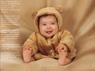 Elevo os olhos para os montes: de onde me virá o socorro? O meu socorro vem do SENHOR, que fez o céu e a terra. Não deixará vacilar o teu pé; aquele que te guarda não tosquenejará. Eis que não tosquenejará nem dormirá o guarda de Israel. O SENHOR é quem te guarda; o SENHOR é a tua sombra à tua direita. O sol não te molestará de dia, nem a lua, de noite. O SENHOR te guardará de todo mal; ele guardará a tua alma. O SENHOR guardará a tua entrada e a tua saída, desde agora e para sempre. 