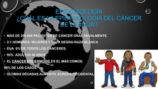 EPIDEMIOLOGÍA
¿CUÁL ES LA EPIDEMIOLOGIA DEL CÁNCER
DE LENGUA?
• MÁS DE 300.000 PACIENTES DE CÁNCER ORAL ANUALMENTE.
• 2:1 HOMBRES- MUJERES Y RAZA NEGRA-RAZA BLANCA
• EUA 6% DE TODOS LOS CÁNCERES.
• 95% ADULTOS 40 AÑOS.
• EL CÁNCER EPIDERMOIDE ES EL MÁS COMÚN,
90% DE LOS CASOS.
• ÚLTIMAS DÉCADAS AUMENTO -EUROPA OCCIDENTAL.
 
