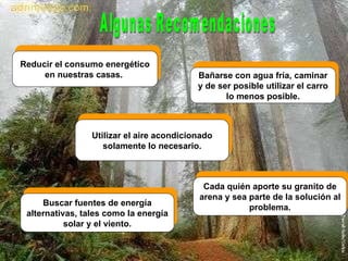 Algunas Recomendaciones Reducir el consumo energético en nuestras casas.  Bañarse con agua fría, caminar y de ser posible utilizar el carro lo menos posible. Utilizar el aire acondicionado solamente lo necesario. Cada quién aporte su granito de arena y sea parte de la solución al problema. Buscar fuentes de energía alternativas, tales como la energía solar y el viento. 