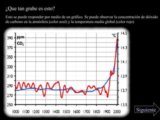 Esto se puede responder por medio de un gráfico. Se puede observar la concentración de dióxido de carbono en la atmósfera (color azul) y la temperatura media global (color rojo) ¿Que tan grabe es esto? Siguiente 