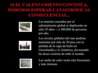 SI EL CALENTAMIENTO CONTINÚA, PODEMOS ESPERAR CATASTRÓFICAS CONSECUENCIAS... Las ondas de calor serán más frecuentes y más intensas             Los niveles globales del mar podrían aumentar por más de 20 pies con la pérdida de la capa de hielo en Groenlandia y la Antártica, devastando las áreas costeras de todo el mundo.             Las muertes causadas por el calentamiento global se duplicarán en sólo 25 años -- a 300,000 de personas por año.             