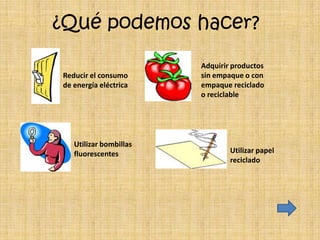 ¿Qué podemos hacer?
                        Adquirir productos
Reducir el consumo      sin empaque o con
de energía eléctrica    empaque reciclado
                        o reciclable




   Utilizar bombillas
   fluorescentes                Utilizar papel
                                reciclado
 