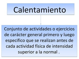 Calentamiento

Conjunto de actividades o ejercicios
de carácter general primero y luego
especifico que se realizan antes de
 cada actividad física de intensidad
       superior a la normal .
 