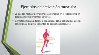 Ejemplos de activación muscular
• Se pueden realizar de manera estacionaria ( en el lugar) como en
desplazamiento (mientras se trota).
• Ejemplos: skipping, taloneo, redoblado, doble salto talón-glúteo,
polichilenas, bulping, variantes de pequeños saltos, etc.
 