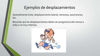 Ejemplos de desplazamientos
Generalmente trote, desplazamiento lateral, retroceso, ascensiones,
etc.
Recordar que los desplazamientos deben ser progresivos (de menos a
más) y no muy intensos.
 