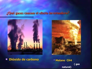 ¿Qué gases causan el efecto invernadero? Dióxido de carbono Metano  CH4   ( gas natural) 