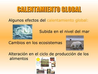 CALENTAMIENTO GLOBAL Algunos efectos del  calentamiento global: Subida en el nivel del mar Cambios en los ecosistemas Alteración en el ciclo de producción de los alimentos 