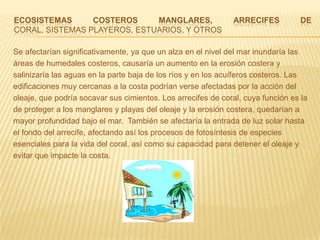 Ecosistemas costeros Manglares, arrecifes decoral, sistemas playeros, estuarios, y otrosSe afectarían significativamente, ya que un alza en el nivel del mar inundaría las áreas de humedales costeros, causaría un aumento en la erosión costera y salinizaría las aguas en la parte baja de los ríos y en los acuíferos costeros. Las edificaciones muy cercanas a la costa podrían verse afectadas por la acción del oleaje, que podría socavar sus cimientos. Los arrecifes de coral, cuya función es la de proteger a los manglares y playas del oleaje y la erosión costera, quedarían a mayor profundidad bajo el mar.  También se afectaría la entrada de luz solar hasta el fondo del arrecife, afectando así los procesos de fotosíntesis de especies esenciales para la vida del coral, así como su capacidad para detener el oleaje y evitar que impacte la costa.