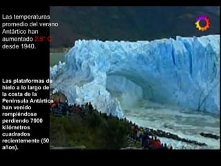 Las temperaturas
promedio del verano
Antártico han
aumentado 2,5° C
desde 1940.

Las plataformas de
hielo a lo largo de
la costa de la
Península Antártica
han venido
rompiéndose
perdiendo 7000
kilómetros
cuadrados
recientemente (50
años).

 