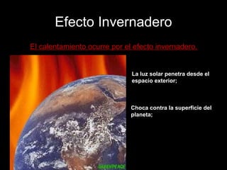 Efecto Invernadero
El calentamiento ocurre por el efecto invernadero.

La luz solar penetra desde el
espacio exterior;

Choca contra la superficie del
planeta;

 