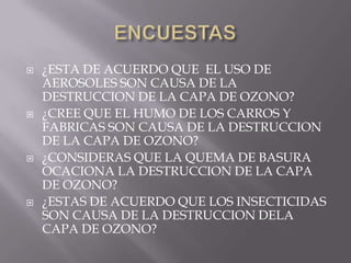 ENCUESTAS¿ESTA DE ACUERDO QUE  EL USO DE AEROSOLES SON CAUSA DE LA DESTRUCCION DE LA CAPA DE OZONO?¿CREE QUE EL HUMO DE LOS CARROS Y FABRICAS SON CAUSA DE LA DESTRUCCION DE LA CAPA DE OZONO?¿CONSIDERAS QUE LA QUEMA DE BASURA OCACIONA LA DESTRUCCION DE LA CAPA DE OZONO?¿ESTAS DE ACUERDO QUE LOS INSECTICIDAS SON CAUSA DE LA DESTRUCCION DELA CAPA DE OZONO?
