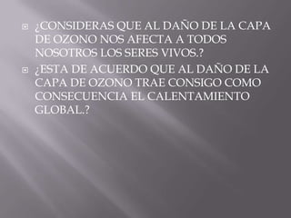¿CONSIDERAS QUE AL DAÑO DE LA CAPA DE OZONO NOS AFECTA A TODOS NOSOTROS LOS SERES VIVOS.?¿ESTA DE ACUERDO QUE AL DAÑO DE LA CAPA DE OZONO TRAE CONSIGO COMO CONSECUENCIA EL CALENTAMIENTO GLOBAL.?