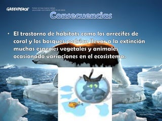 ConsecuenciasEl trastorno de hábitats como los arrecifes de coral y los bosques podrían llevar a la extinción muchas especies vegetales y animales ocasionado variaciones en el ecosistema. 