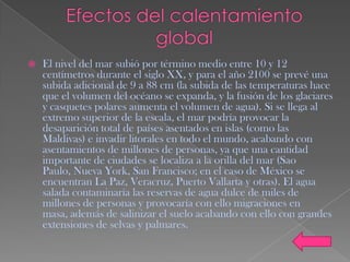    El nivel del mar subió por término medio entre 10 y 12
    centímetros durante el siglo XX, y para el año 2100 se prevé una
    subida adicional de 9 a 88 cm (la subida de las temperaturas hace
    que el volumen del océano se expanda, y la fusión de los glaciares
    y casquetes polares aumenta el volumen de agua). Si se llega al
    extremo superior de la escala, el mar podría provocar la
    desaparición total de países asentados en islas (como las
    Maldivas) e invadir litorales en todo el mundo, acabando con
    asentamientos de millones de personas, ya que una cantidad
    importante de ciudades se localiza a la orilla del mar (Sao
    Paulo, Nueva York, San Francisco; en el caso de México se
    encuentran La Paz, Veracruz, Puerto Vallarta y otras). El agua
    salada contaminaría las reservas de agua dulce de miles de
    millones de personas y provocaría con ello migraciones en
    masa, además de salinizar el suelo acabando con ello con grandes
    extensiones de selvas y palmares.
 