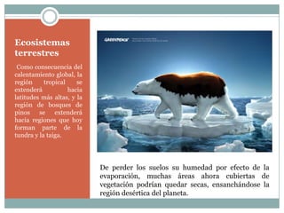 Ecosistemas
terrestres
 Como consecuencia del
calentamiento global, la
región     tropical    se
extenderá           hacia
latitudes más altas, y la
región de bosques de
pinos se extenderá
hacia regiones que hoy
forman parte de la
tundra y la taiga.




                            De perder los suelos su humedad por efecto de la
                            evaporación, muchas áreas ahora cubiertas de
                            vegetación podrían quedar secas, ensanchándose la
                            región desértica del planeta.
 