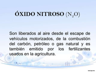 ÓXIDO NITROSO (N2O)


Son liberados al aire desde el escape de
vehículos motorizados, de la combustión
del carbón, petróleo o gas natural y es
también emitido por los fertilizantes
usados en la agricultura.
 
