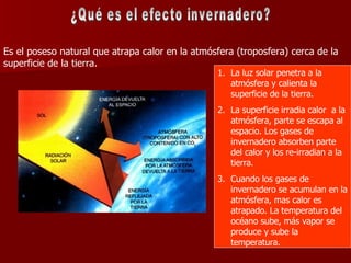 ¿Qué es el efecto invernadero? Es el poseso natural que atrapa calor en la atmósfera (troposfera) cerca de la superficie de la tierra. La luz solar penetra a la atmósfera y calienta la superficie de la tierra. La superficie irradia calor  a la atmósfera, parte se escapa al espacio. Los gases de invernadero absorben parte del calor y los re-irradian a la tierra. Cuando los gases de invernadero se acumulan en la atmósfera, mas calor es atrapado. La temperatura del océano sube, más vapor se produce y sube la temperatura. 