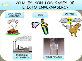 ¿CUALES SON LOS GASES DE
EFECTO INVERNADERO?
METANODIOXIDO DE
CARBONO
CFCS
OXIDOS DE
NITROGENO VAPOR DE AGUA
 
